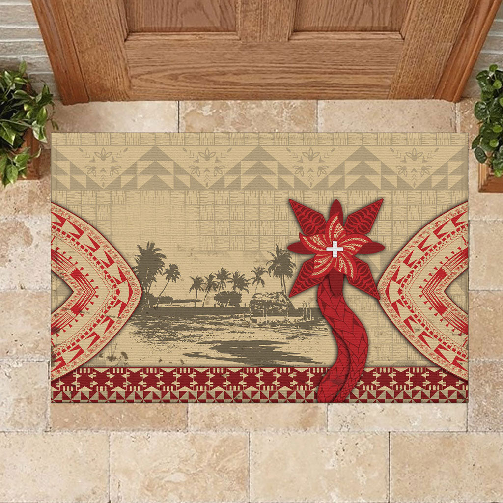 Tonga Language Week Rubber Doormat Tribal Cross Ngatu Floral Pattern