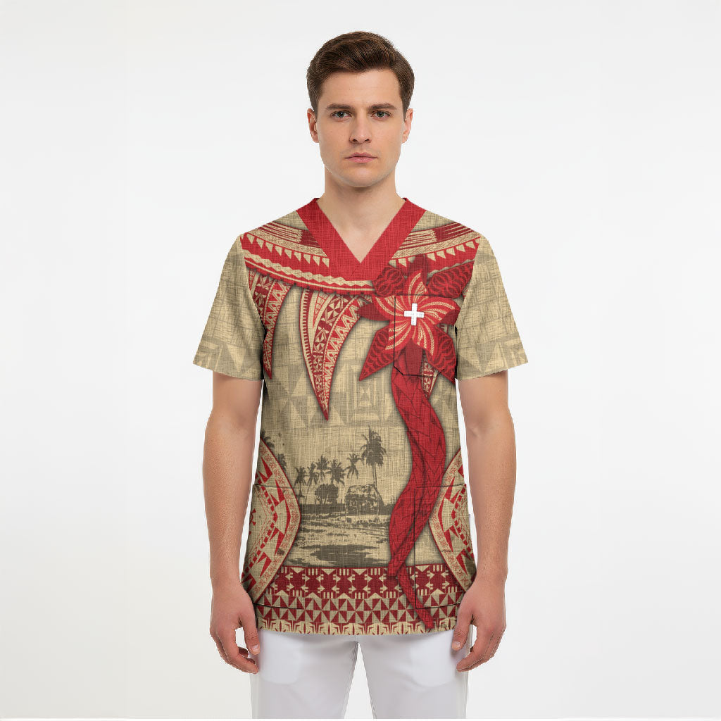 Tonga Language Week Scrub Top Tribal Cross Ngatu Floral Pattern