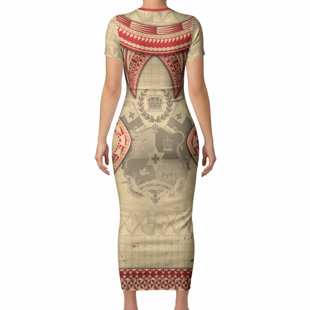 Tonga Language Week Short Sleeve Bodycon Dress Tribal Cross Ngatu Floral Pattern