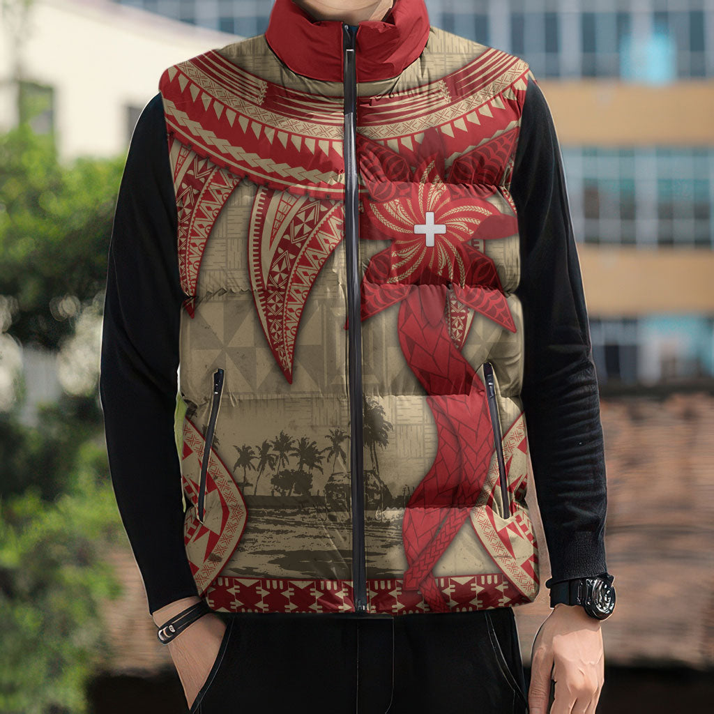 Tonga Language Week Sleeveless Puffer Jacket Tribal Cross Ngatu Floral Pattern