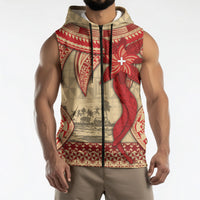 Tonga Language Week Sleeveless Zip Hoodie Tribal Cross Ngatu Floral Pattern
