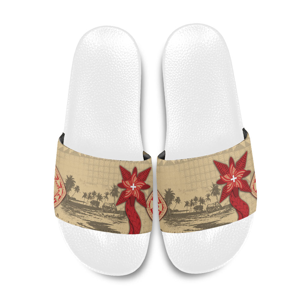 Tonga Language Week Slide Sandals Tribal Cross Ngatu Floral Pattern