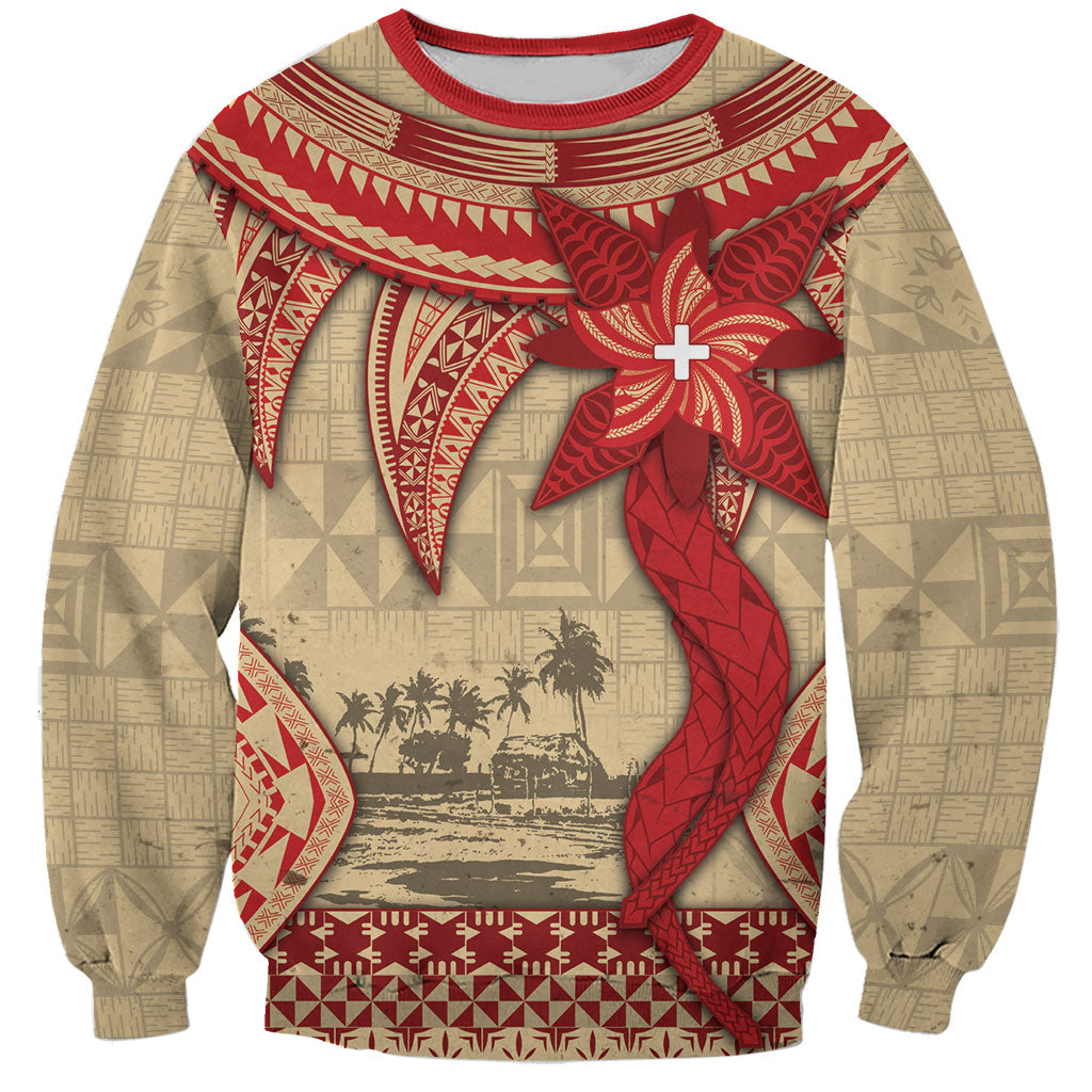 Tonga Language Week Sweatshirt Tribal Cross Ngatu Floral Pattern