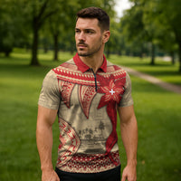 Tonga Language Week Zipper Polo Shirt Tribal Cross Ngatu Floral Pattern