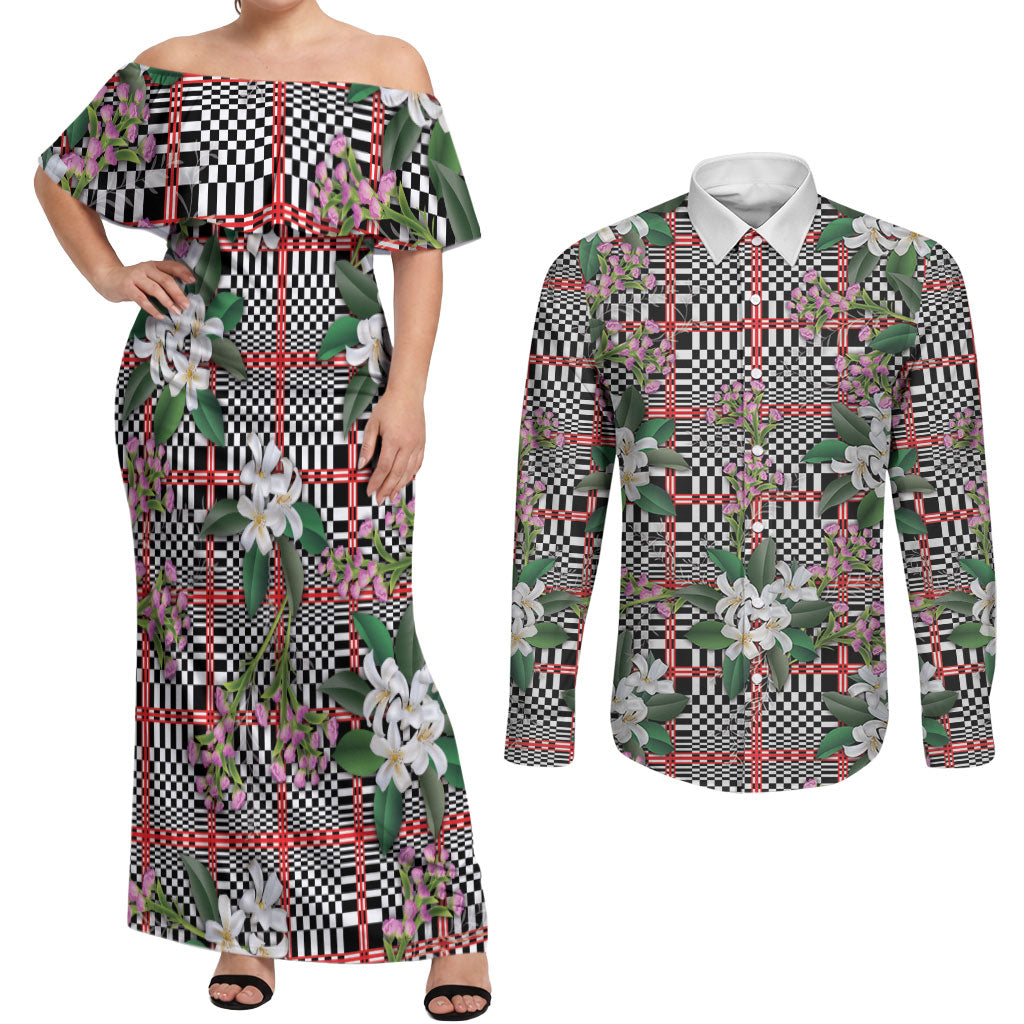 Red Binakol Motifs With Jasminum Sambac Couples Matching Off Shoulder Maxi Dress and Long Sleeve Button Shirt Mabuhay Philippines Festival