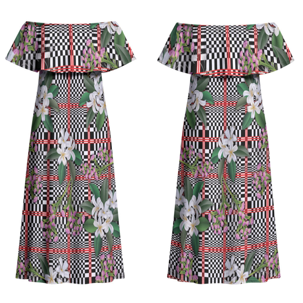 Red Binakol Motifs With Jasminum Sambac Couples Matching Off Shoulder Maxi Dress and Long Sleeve Button Shirt Mabuhay Philippines Festival