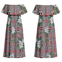 Red Binakol Motifs With Jasminum Sambac Couples Matching Off Shoulder Maxi Dress and Long Sleeve Button Shirt Mabuhay Philippines Festival