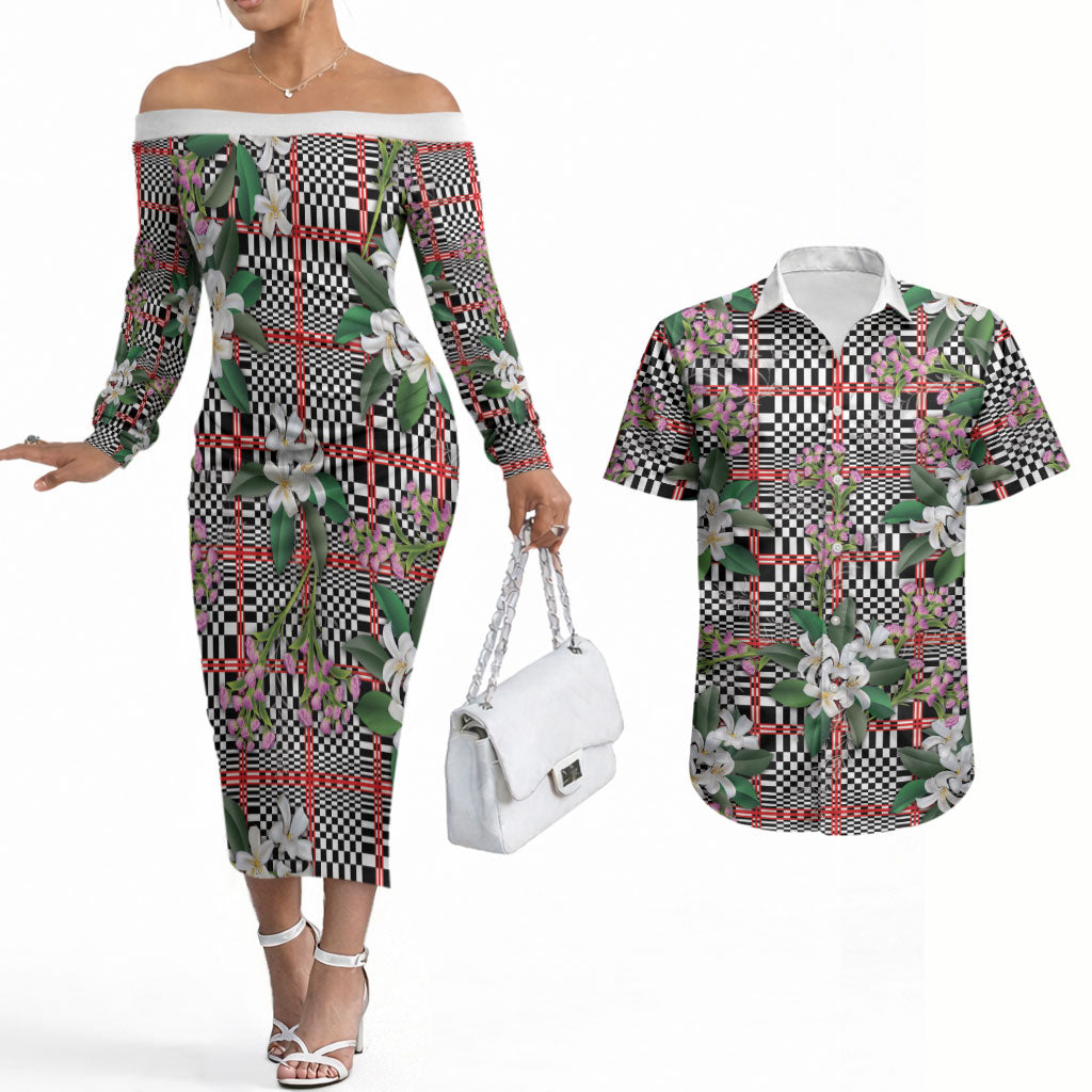 Red Binakol Motifs With Jasminum Sambac Couples Matching Off The Shoulder Long Sleeve Dress and Hawaiian Shirt Mabuhay Philippines Festival