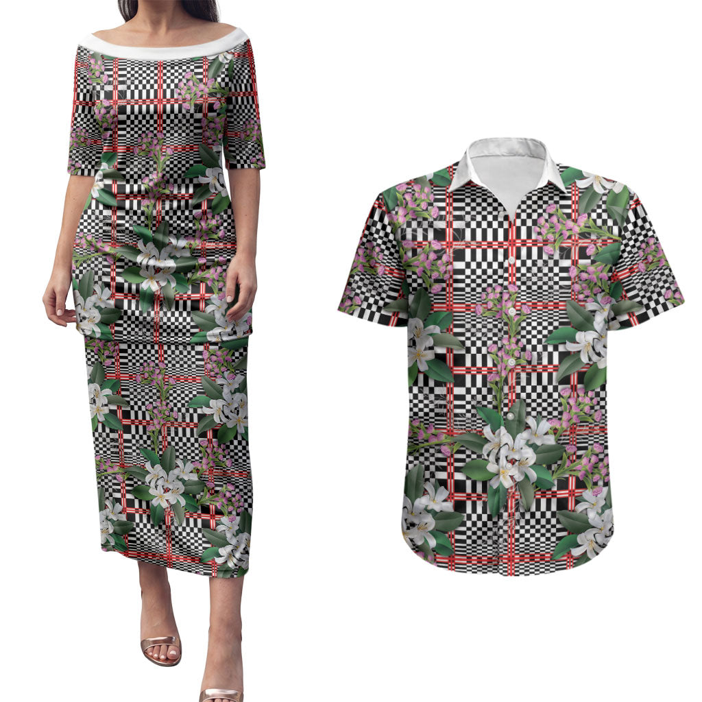 Red Binakol Motifs With Jasminum Sambac Couples Matching Puletasi and Hawaiian Shirt Mabuhay Philippines Festival