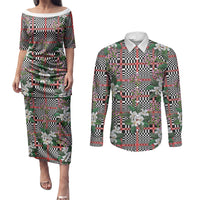 Red Binakol Motifs With Jasminum Sambac Couples Matching Puletasi and Long Sleeve Button Shirt Mabuhay Philippines Festival
