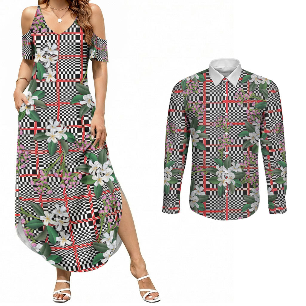 Red Binakol Motifs With Jasminum Sambac Couples Matching Summer Maxi Dress and Long Sleeve Button Shirt Mabuhay Philippines Festival