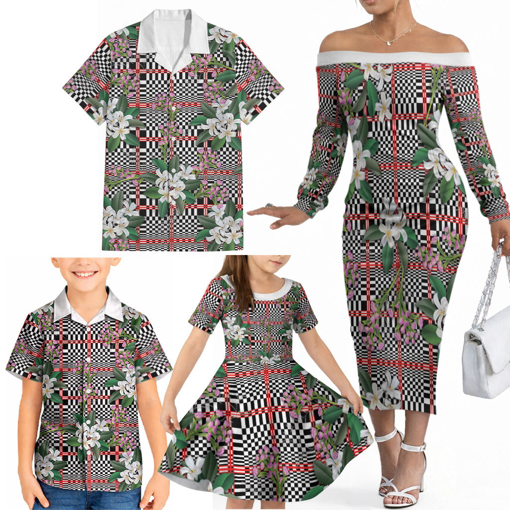 Red Binakol Motifs With Jasminum Sambac Family Matching Off The Shoulder Long Sleeve Dress and Hawaiian Shirt Mabuhay Philippines Festival DT05 - Polynesian Pride
