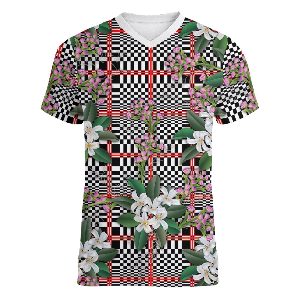 Red Binakol Motifs With Jasminum Sambac Women V-Neck T-Shirt Mabuhay Philippines Festival