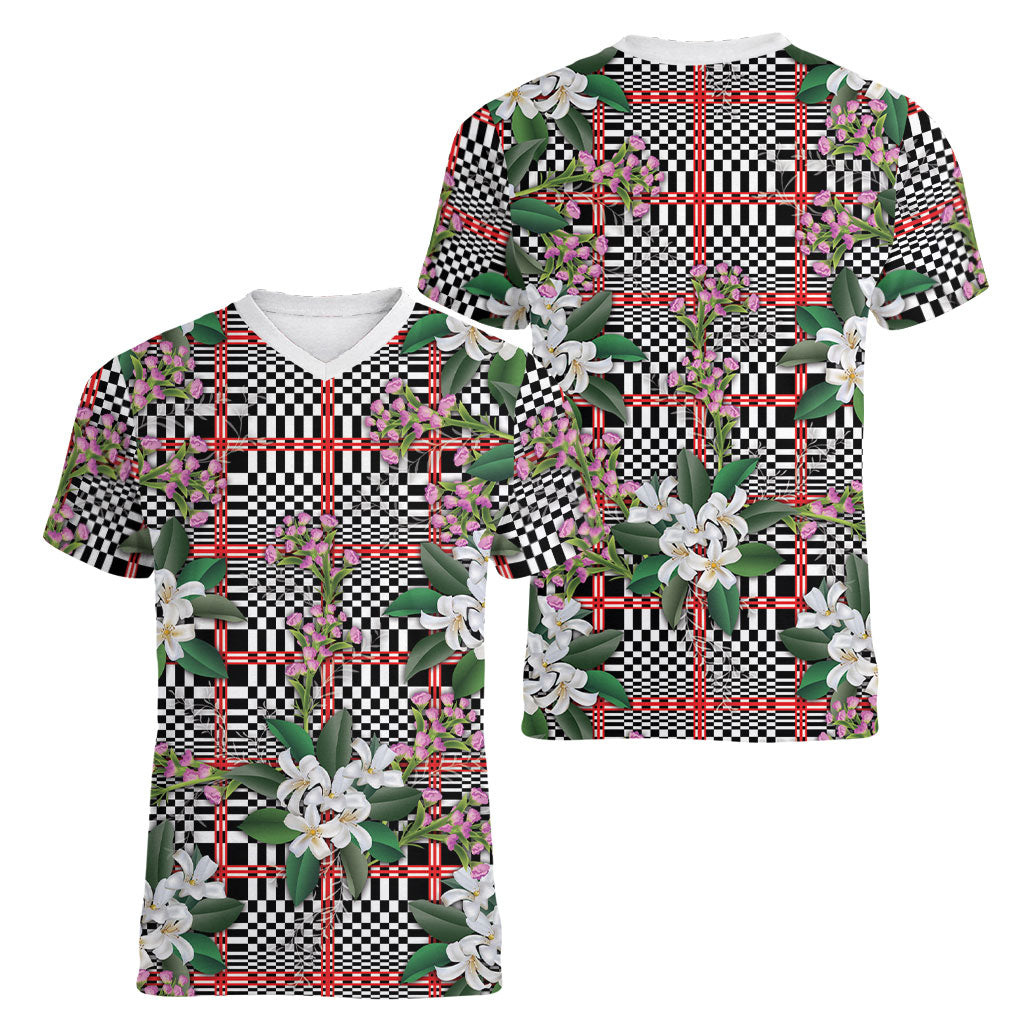 Red Binakol Motifs With Jasminum Sambac Women V-Neck T-Shirt Mabuhay Philippines Festival