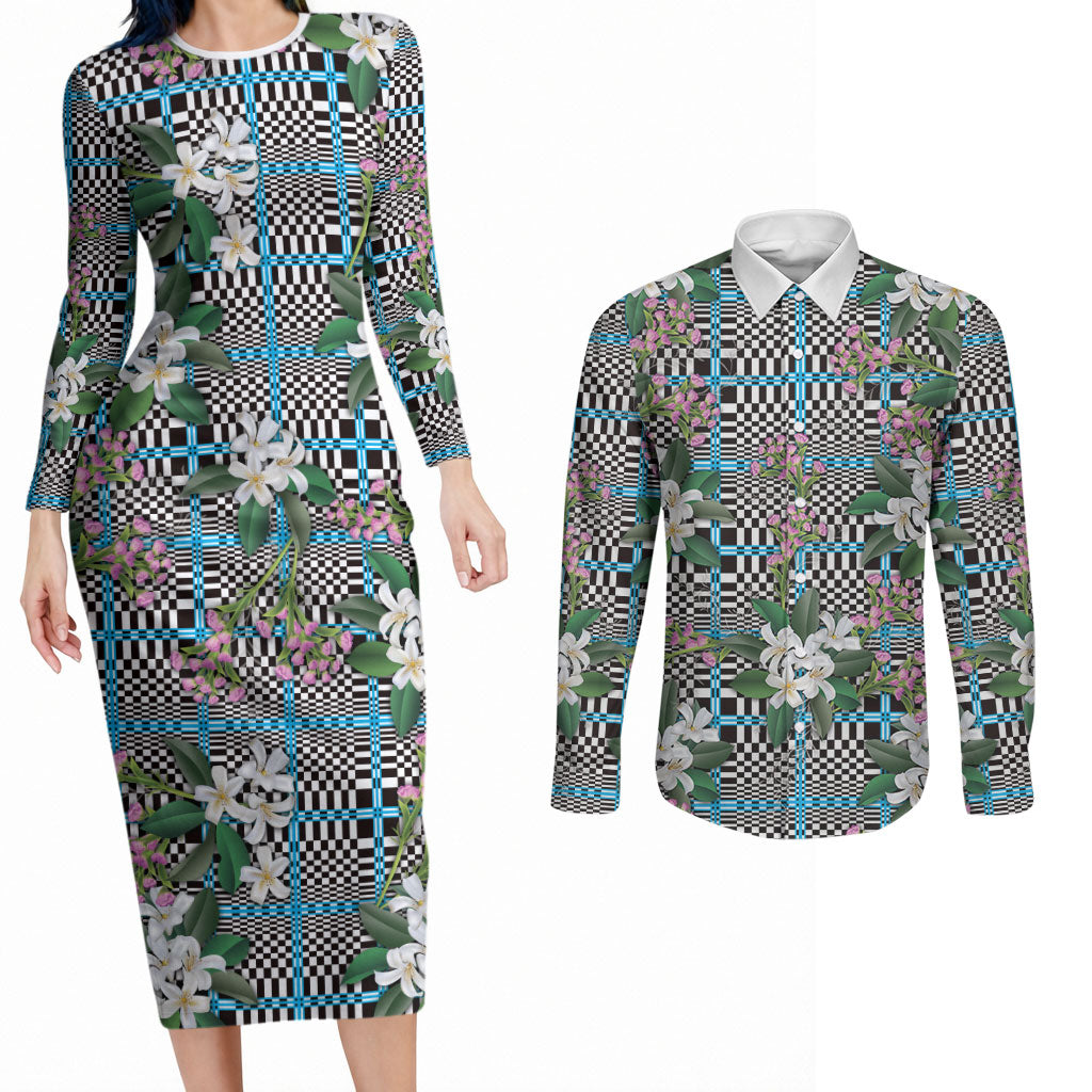 Blue Binakol Motifs With Jasminum Sambac Couples Matching Long Sleeve Bodycon Dress and Long Sleeve Button Shirt Mabuhay Philippines Festival