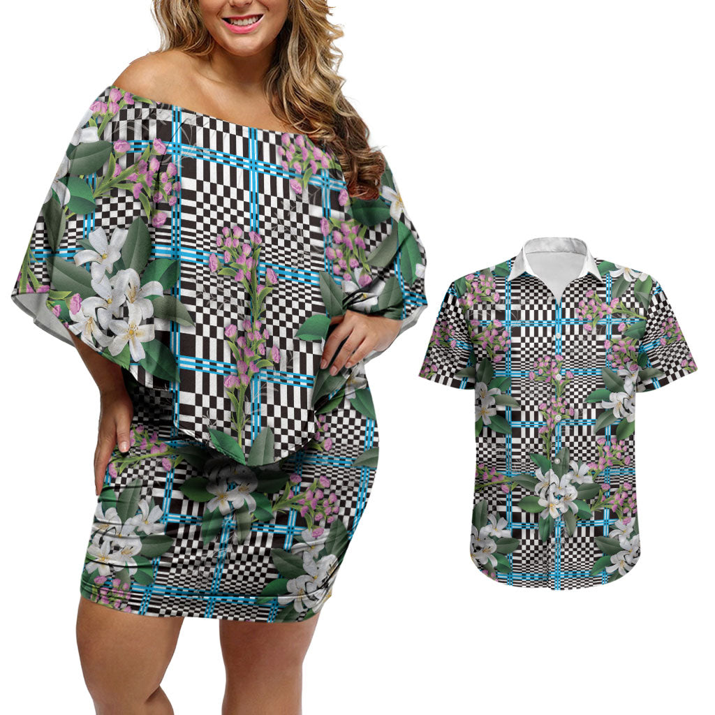 Blue Binakol Motifs With Jasminum Sambac Couples Matching Off Shoulder Short Dress and Hawaiian Shirt Mabuhay Philippines Festival