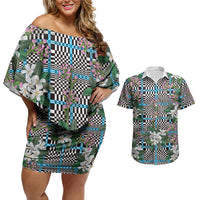 Blue Binakol Motifs With Jasminum Sambac Couples Matching Off Shoulder Short Dress and Hawaiian Shirt Mabuhay Philippines Festival