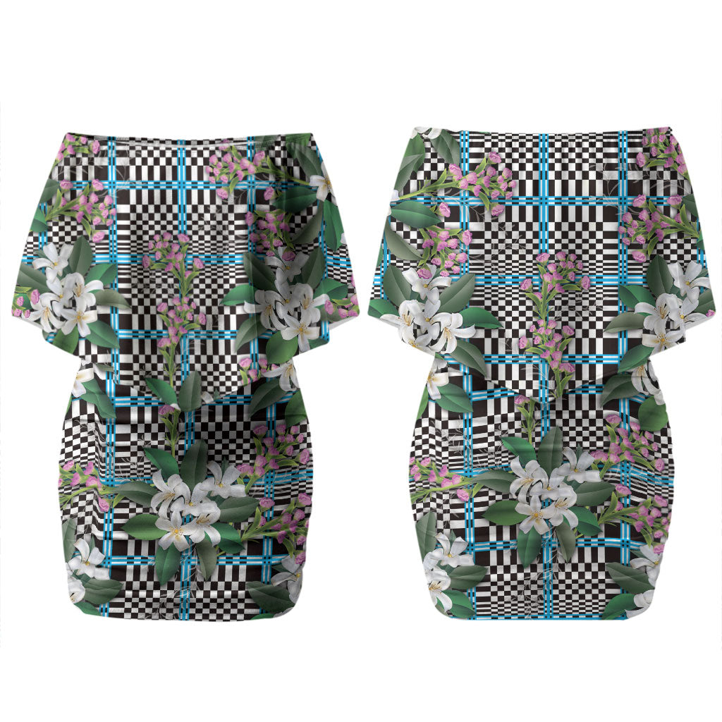 Blue Binakol Motifs With Jasminum Sambac Couples Matching Off Shoulder Short Dress and Hawaiian Shirt Mabuhay Philippines Festival