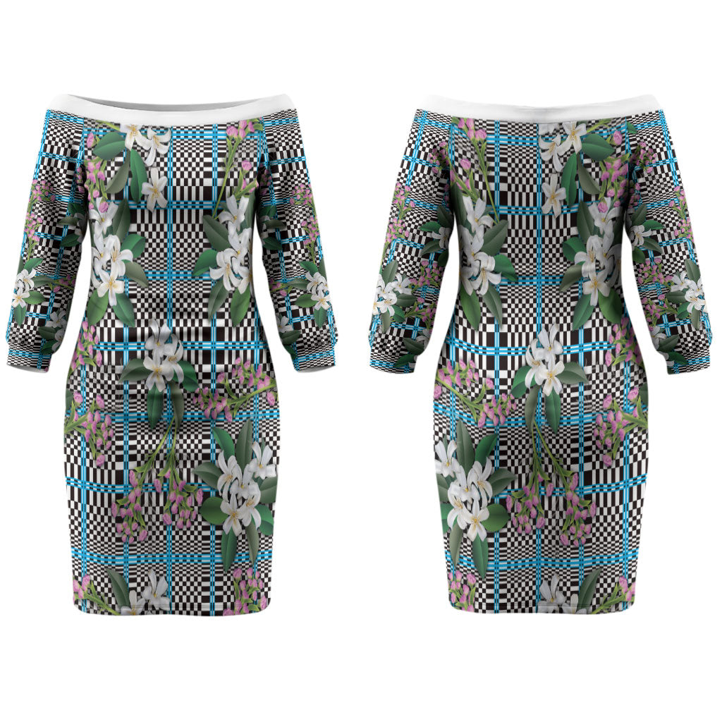 Blue Binakol Motifs With Jasminum Sambac Couples Matching Off The Shoulder Long Sleeve Dress and Hawaiian Shirt Mabuhay Philippines Festival