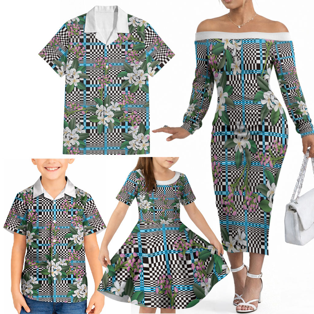 Blue Binakol Motifs With Jasminum Sambac Family Matching Off The Shoulder Long Sleeve Dress and Hawaiian Shirt Mabuhay Philippines Festival DT05 - Polynesian Pride