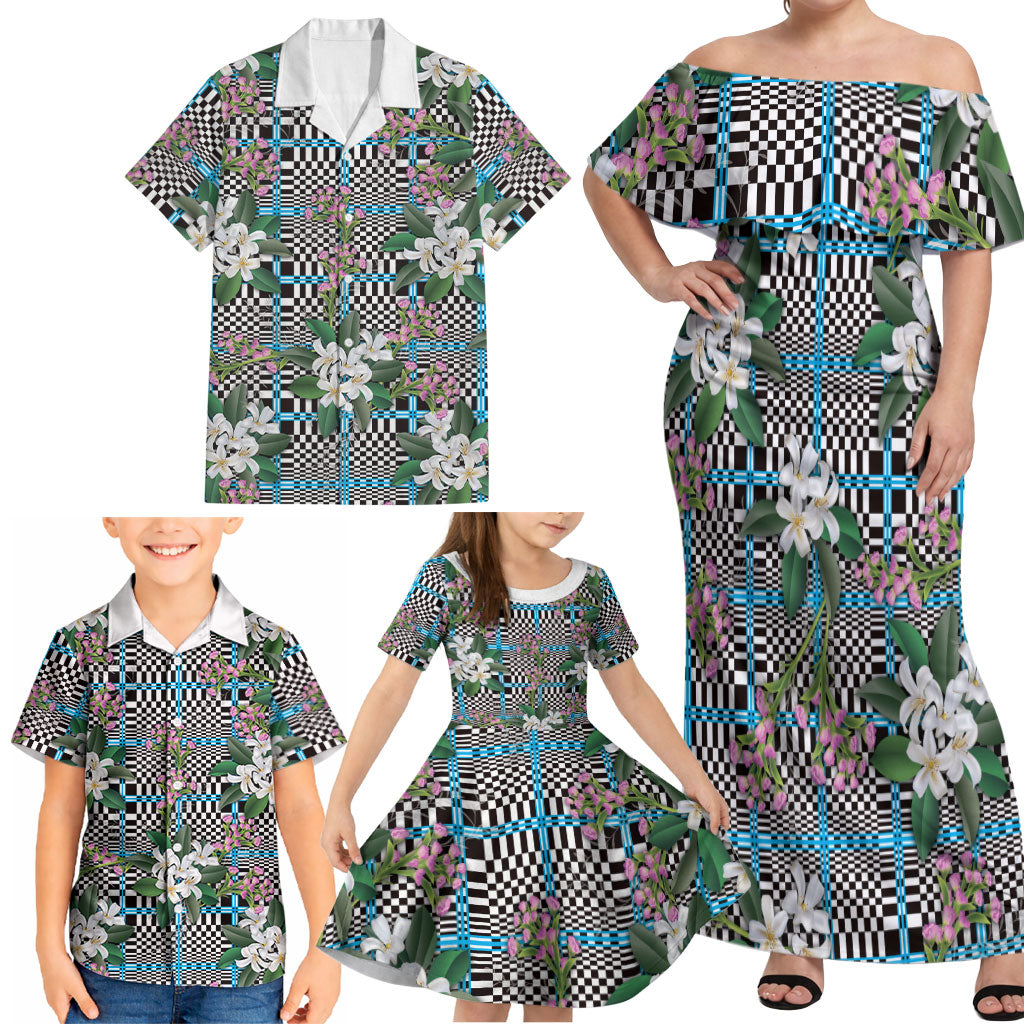 Blue Binakol Motifs With Jasminum Sambac Family Matching Off Shoulder Maxi Dress and Hawaiian Shirt Mabuhay Philippines Festival DT05 - Polynesian Pride