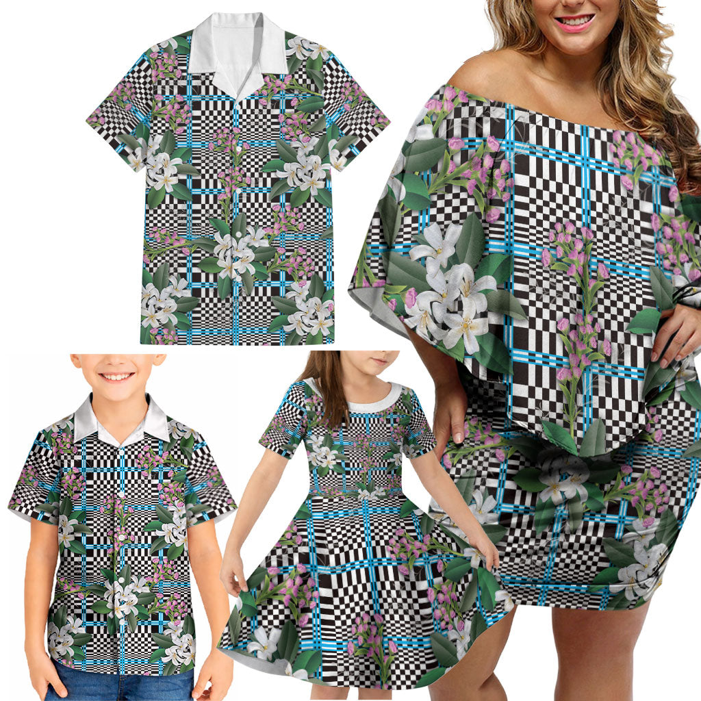 Blue Binakol Motifs With Jasminum Sambac Family Matching Off Shoulder Short Dress and Hawaiian Shirt Mabuhay Philippines Festival DT05 - Polynesian Pride