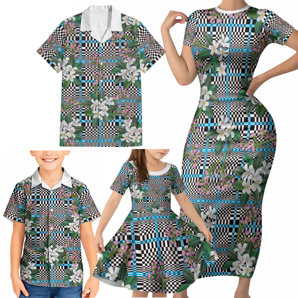 Blue Binakol Motifs With Jasminum Sambac Family Matching Short Sleeve Bodycon Dress and Hawaiian Shirt Mabuhay Philippines Festival DT05 - Polynesian Pride