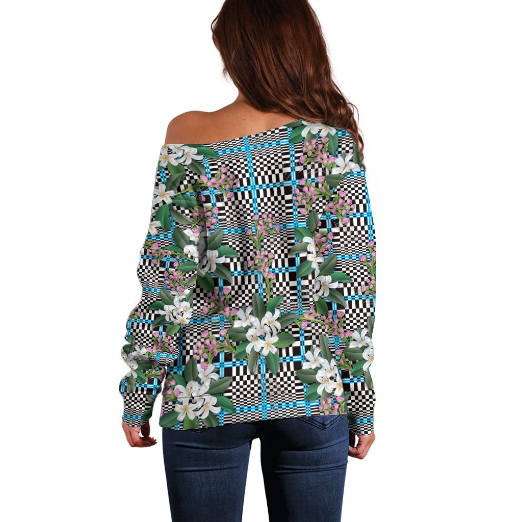 Blue Binakol Motifs With Jasminum Sambac Off Shoulder Sweater Mabuhay Philippines Festival