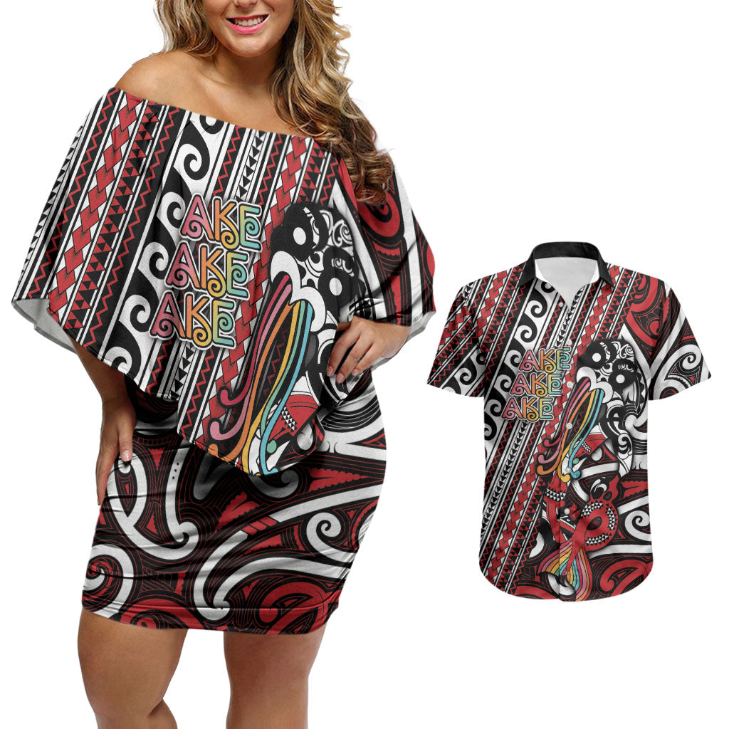 Personalised Maori Language Week Couples Matching Off Shoulder Short Dress and Hawaiian Shirt Ake Ake Ake Tribal Patterns DT05 Red - Polynesian Pride