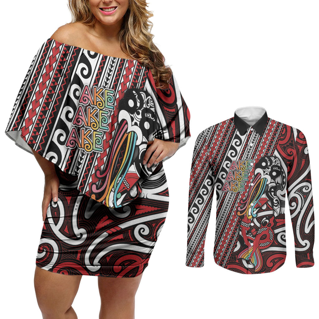 Personalised Maori Language Week Couples Matching Off Shoulder Short Dress and Long Sleeve Button Shirt Ake Ake Ake Tribal Patterns