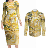 Hawaii Banana Dolphin Couples Matching Long Sleeve Bodycon Dress and Long Sleeve Button Shirt Cute Cosplay Naiʻa Fish Tribal Patterns