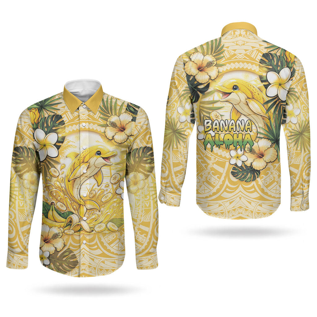 Hawaii Banana Dolphin Couples Matching Long Sleeve Bodycon Dress and Long Sleeve Button Shirt Cute Cosplay Naiʻa Fish Tribal Patterns