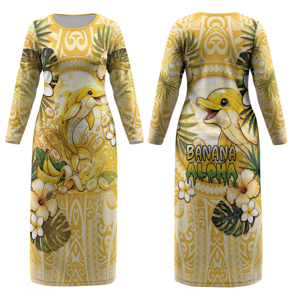 Hawaii Banana Dolphin Couples Matching Long Sleeve Bodycon Dress and Long Sleeve Button Shirt Cute Cosplay Naiʻa Fish Tribal Patterns