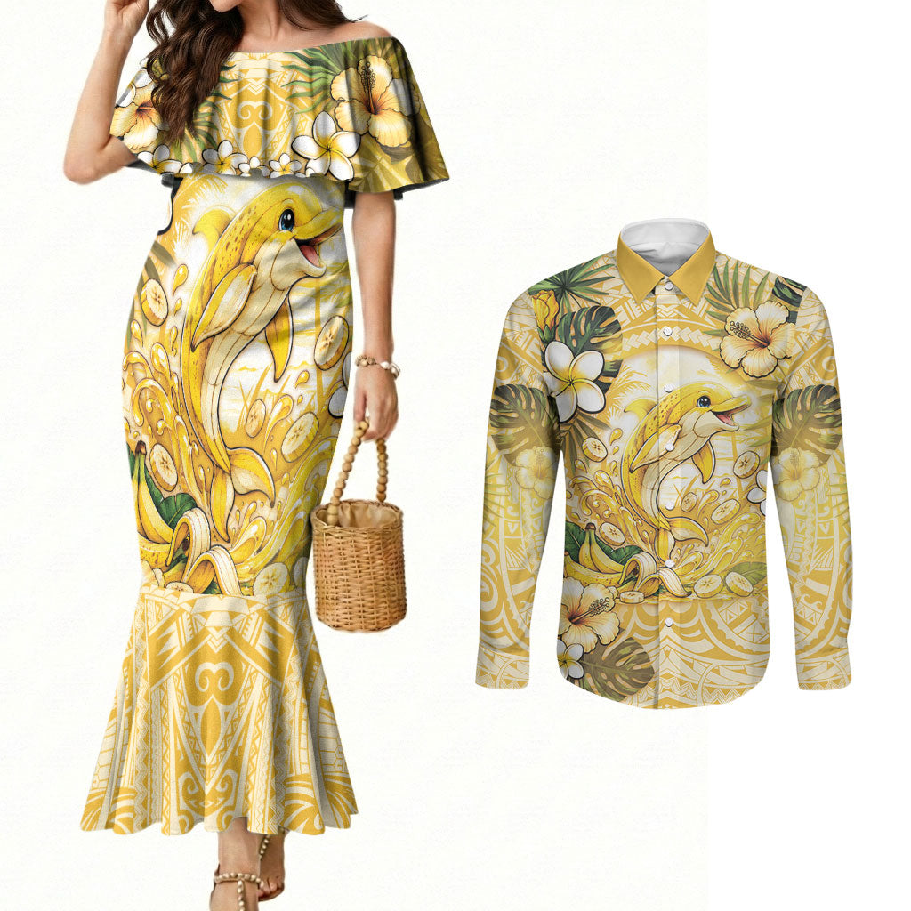 Hawaii Banana Dolphin Couples Matching Mermaid Dress and Long Sleeve Button Shirt Cute Cosplay Naiʻa Fish Tribal Patterns DT05 Yellow - Polynesian Pride