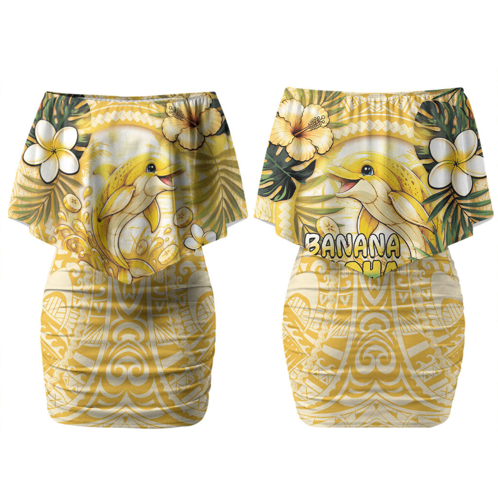 Hawaii Banana Dolphin Couples Matching Off Shoulder Short Dress and Hawaiian Shirt Cute Cosplay Naiʻa Fish Tribal Patterns