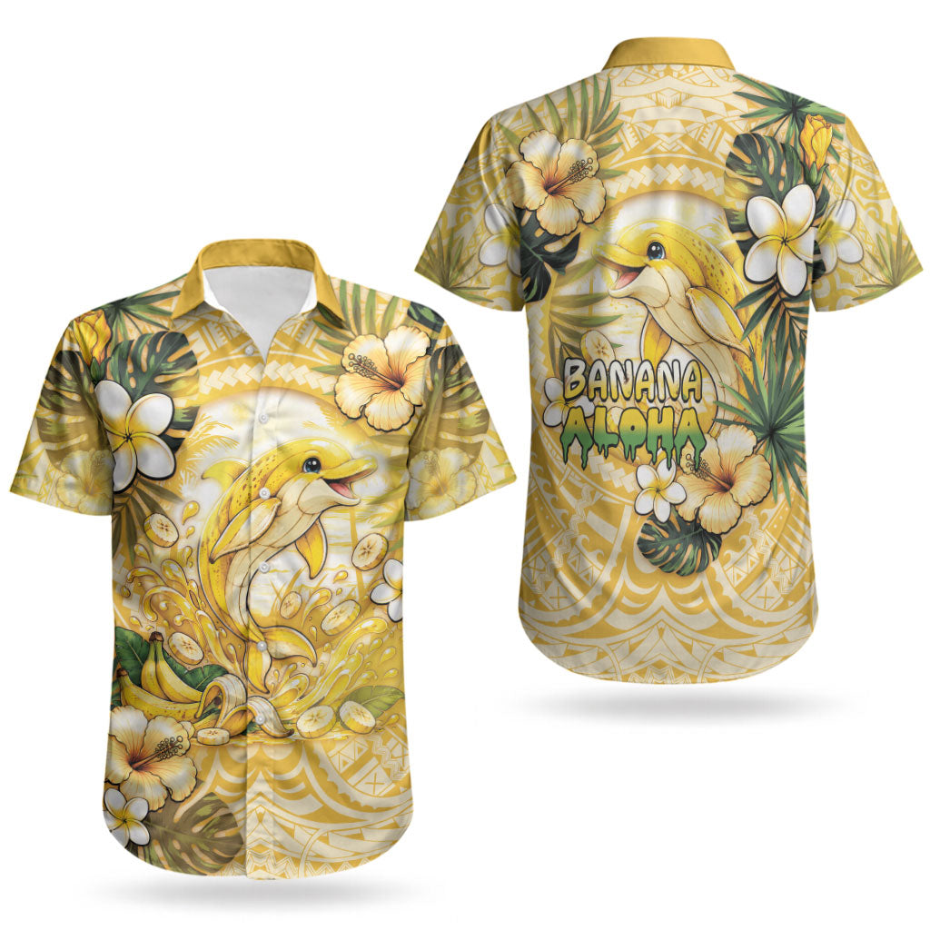 Hawaii Banana Dolphin Couples Matching Off Shoulder Short Dress and Hawaiian Shirt Cute Cosplay Naiʻa Fish Tribal Patterns