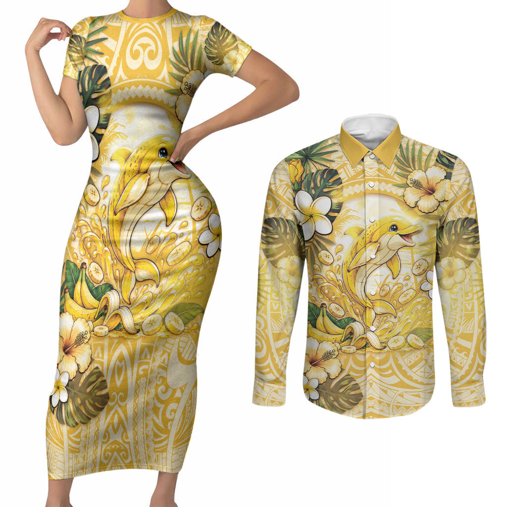 Hawaii Banana Dolphin Couples Matching Short Sleeve Bodycon Dress and Long Sleeve Button Shirt Cute Cosplay Naiʻa Fish Tribal Patterns DT05 Yellow - Polynesian Pride