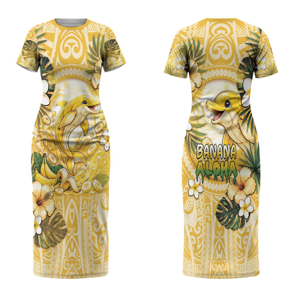 Hawaii Banana Dolphin Couples Matching Short Sleeve Bodycon Dress and Long Sleeve Button Shirt Cute Cosplay Naiʻa Fish Tribal Patterns