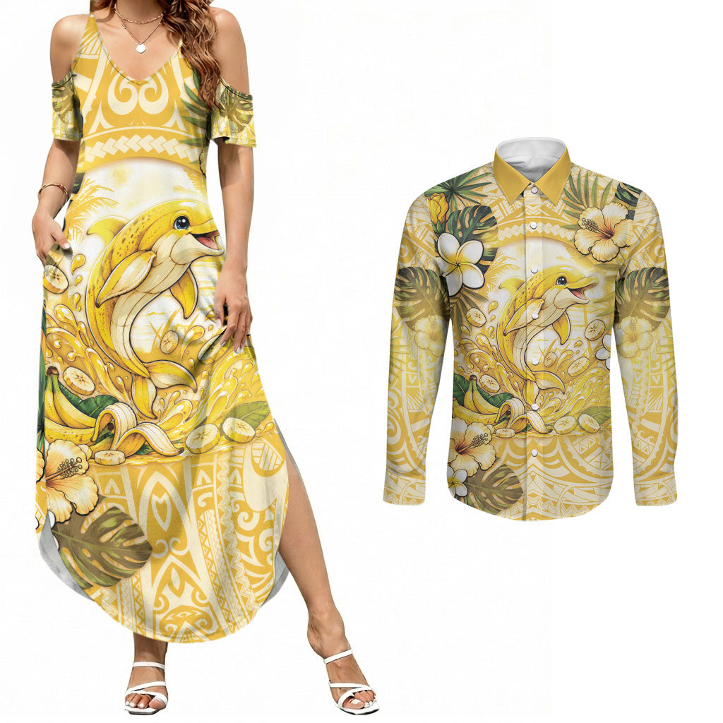 Hawaii Banana Dolphin Couples Matching Summer Maxi Dress and Long Sleeve Button Shirt Cute Cosplay Naiʻa Fish Tribal Patterns DT05 Yellow - Polynesian Pride