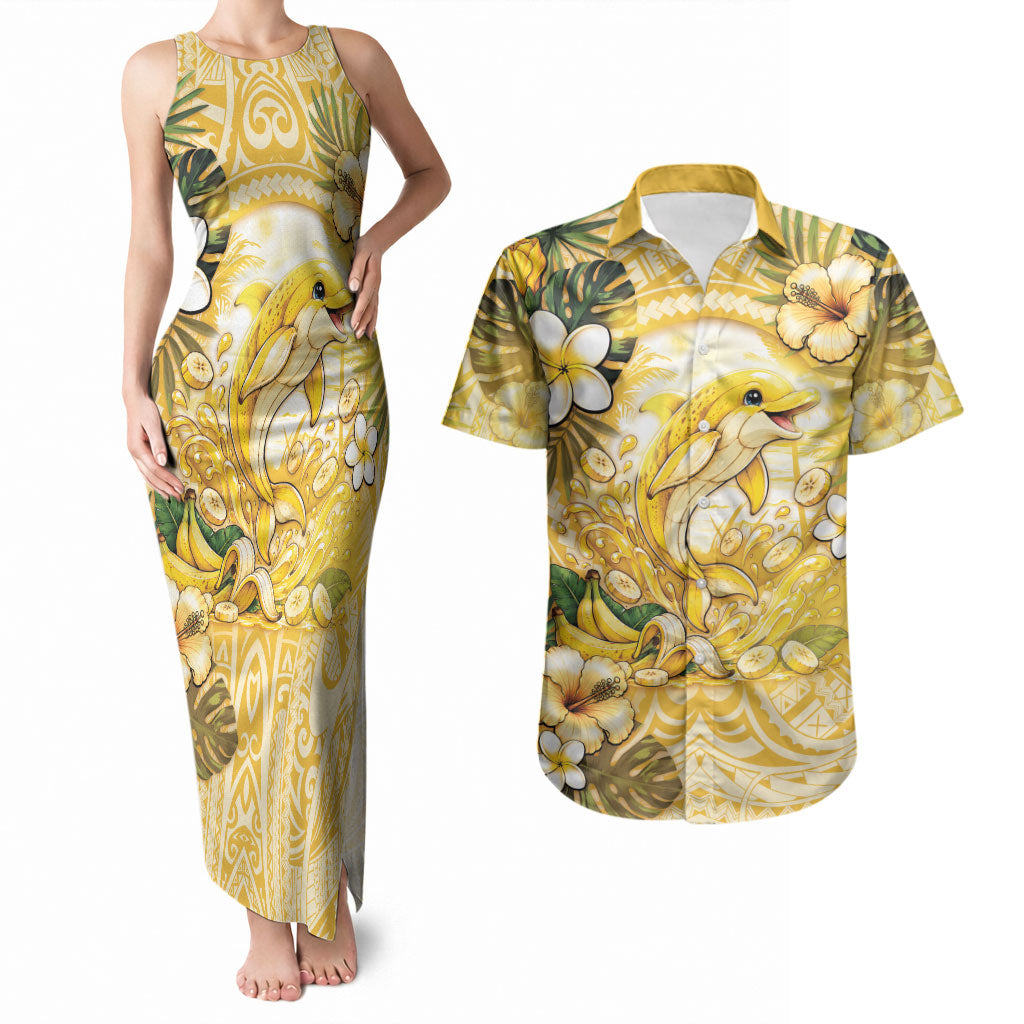 Hawaii Banana Dolphin Couples Matching Tank Maxi Dress and Hawaiian Shirt Cute Cosplay Naiʻa Fish Tribal Patterns
