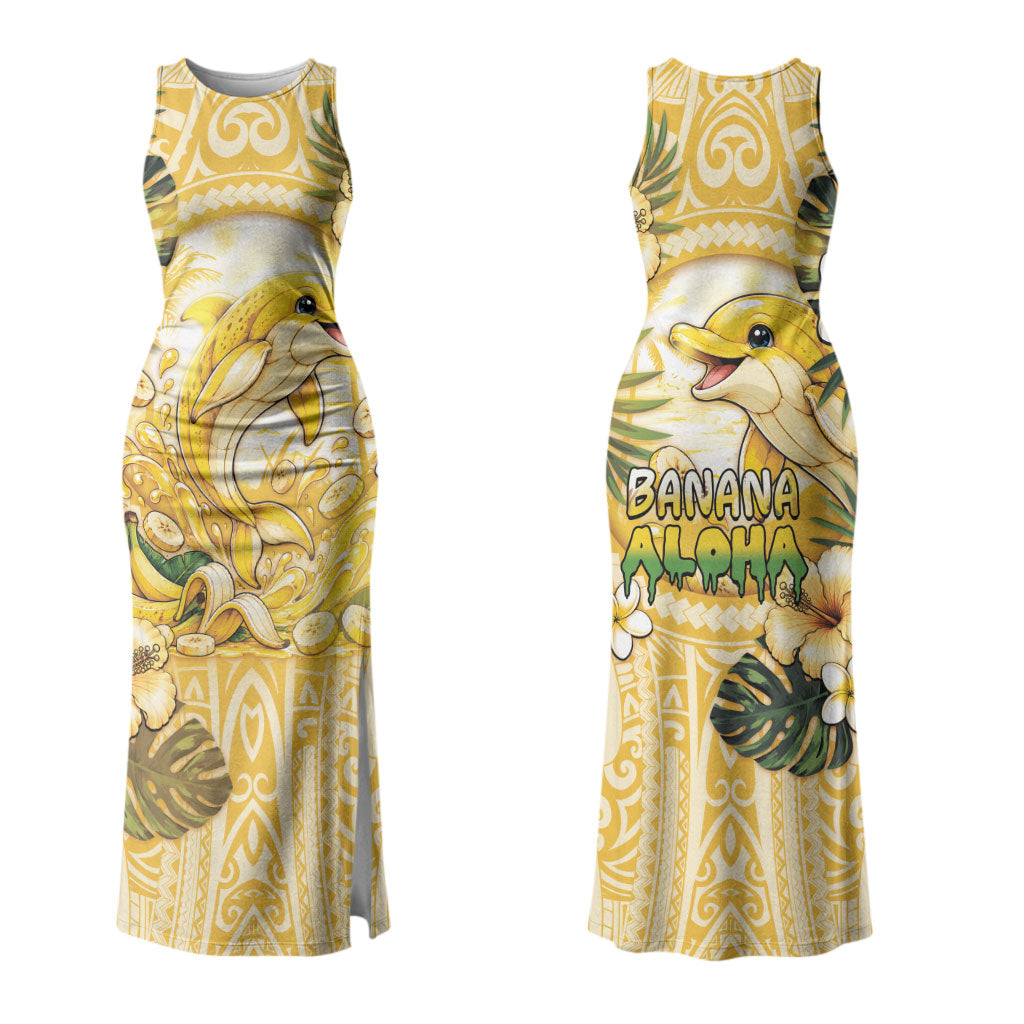 Hawaii Banana Dolphin Couples Matching Tank Maxi Dress and Hawaiian Shirt Cute Cosplay Naiʻa Fish Tribal Patterns