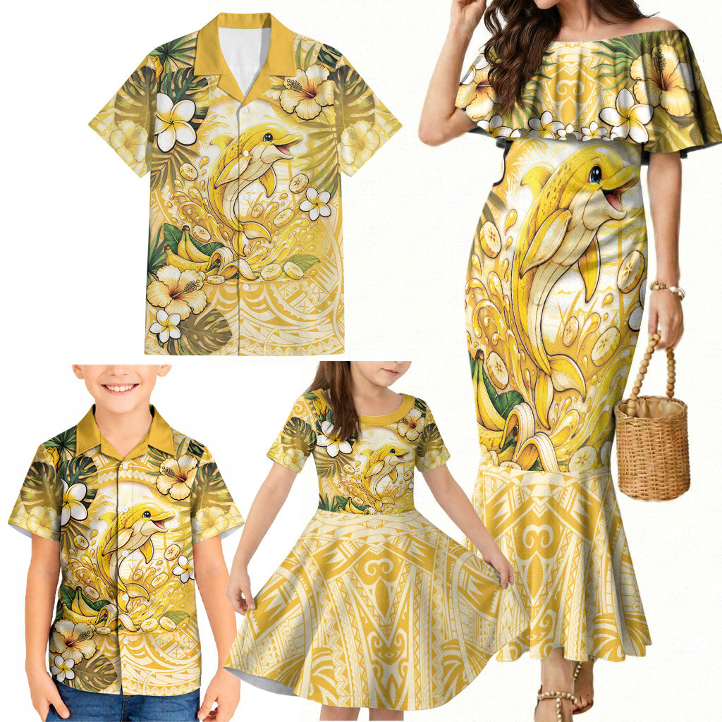 Hawaii Banana Dolphin Family Matching Mermaid Dress and Hawaiian Shirt Cute Cosplay Naiʻa Fish Tribal Patterns
