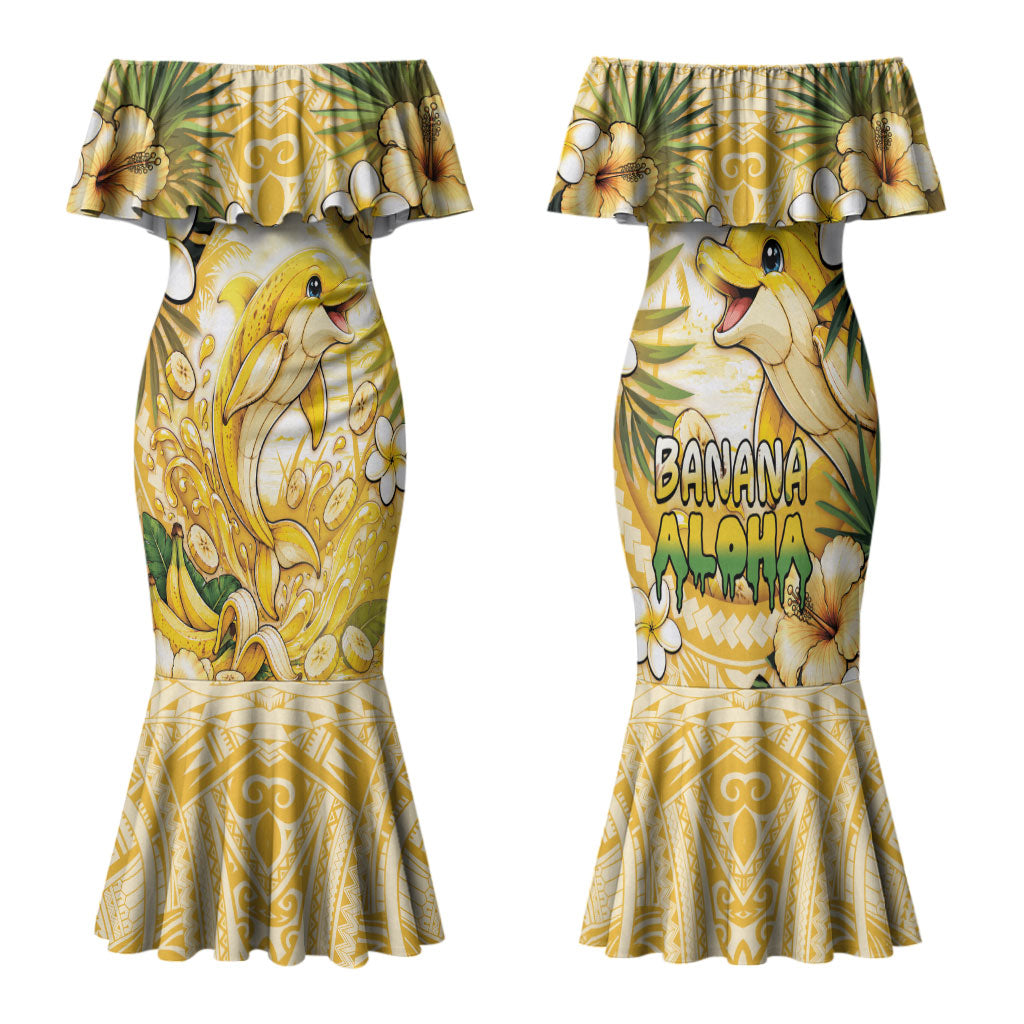 Hawaii Banana Dolphin Family Matching Mermaid Dress and Hawaiian Shirt Cute Cosplay Naiʻa Fish Tribal Patterns