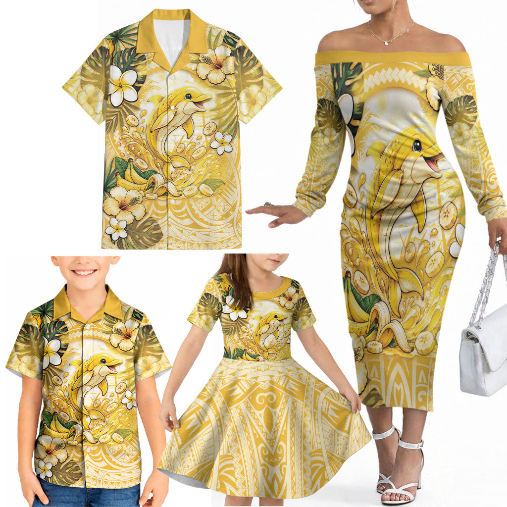 Hawaii Banana Dolphin Family Matching Off The Shoulder Long Sleeve Dress and Hawaiian Shirt Cute Cosplay Naiʻa Fish Tribal Patterns DT05 - Polynesian Pride