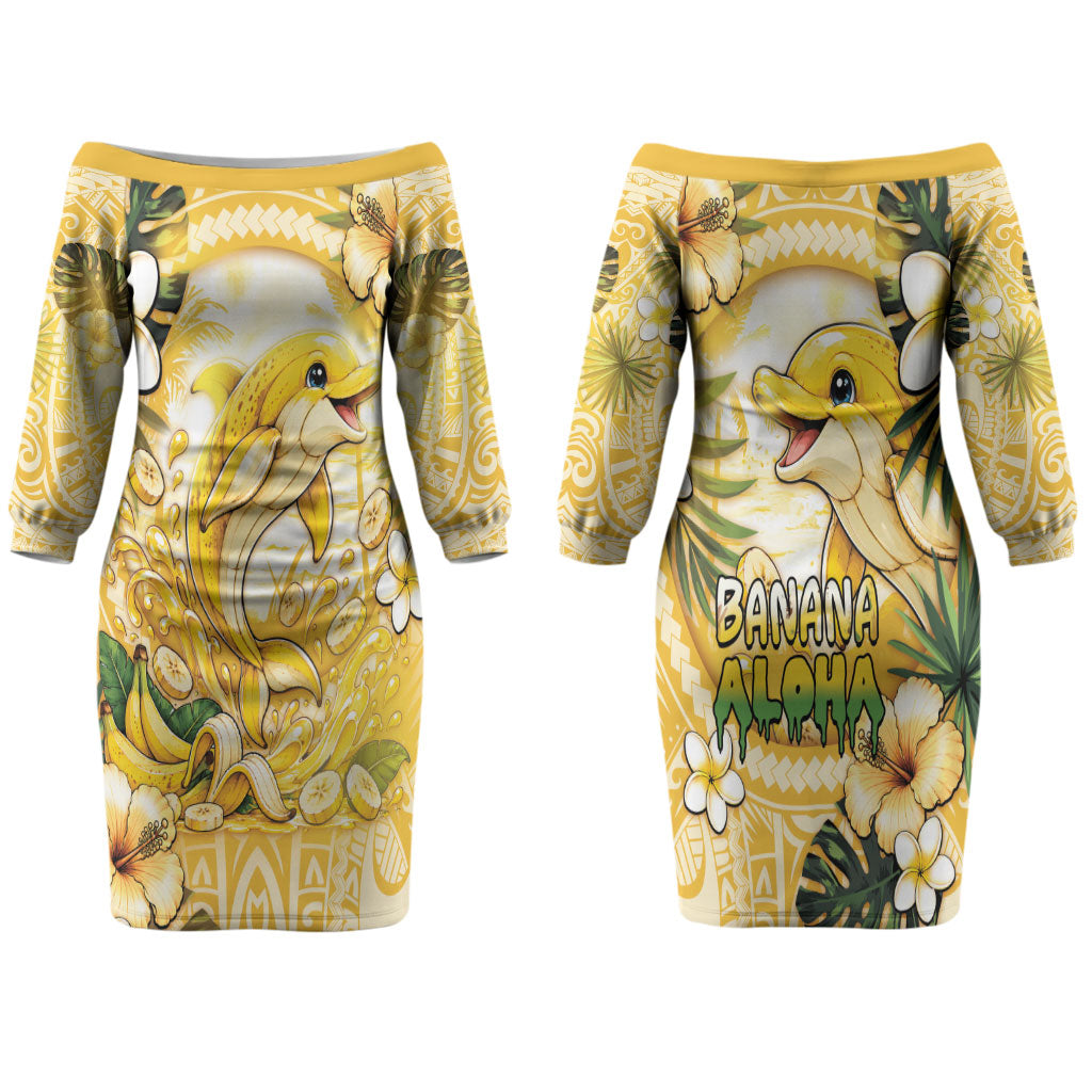 Hawaii Banana Dolphin Family Matching Off The Shoulder Long Sleeve Dress and Hawaiian Shirt Cute Cosplay Naiʻa Fish Tribal Patterns