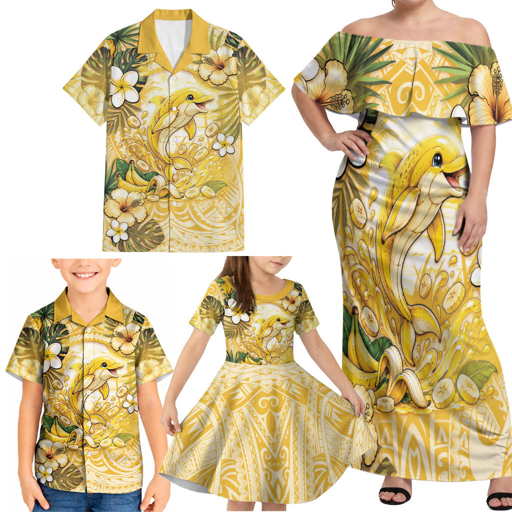Hawaii Banana Dolphin Family Matching Off Shoulder Maxi Dress and Hawaiian Shirt Cute Cosplay Naiʻa Fish Tribal Patterns DT05 - Polynesian Pride