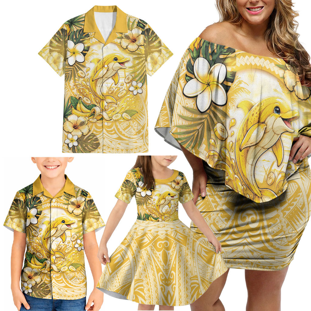 Hawaii Banana Dolphin Family Matching Off Shoulder Short Dress and Hawaiian Shirt Cute Cosplay Naiʻa Fish Tribal Patterns DT05 - Polynesian Pride