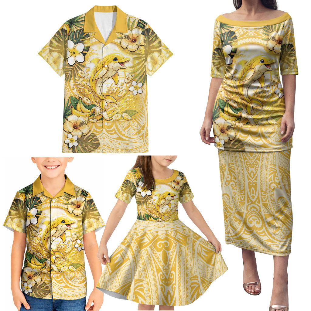 Hawaii Banana Dolphin Family Matching Puletasi and Hawaiian Shirt Cute Cosplay Naiʻa Fish Tribal Patterns DT05 - Polynesian Pride
