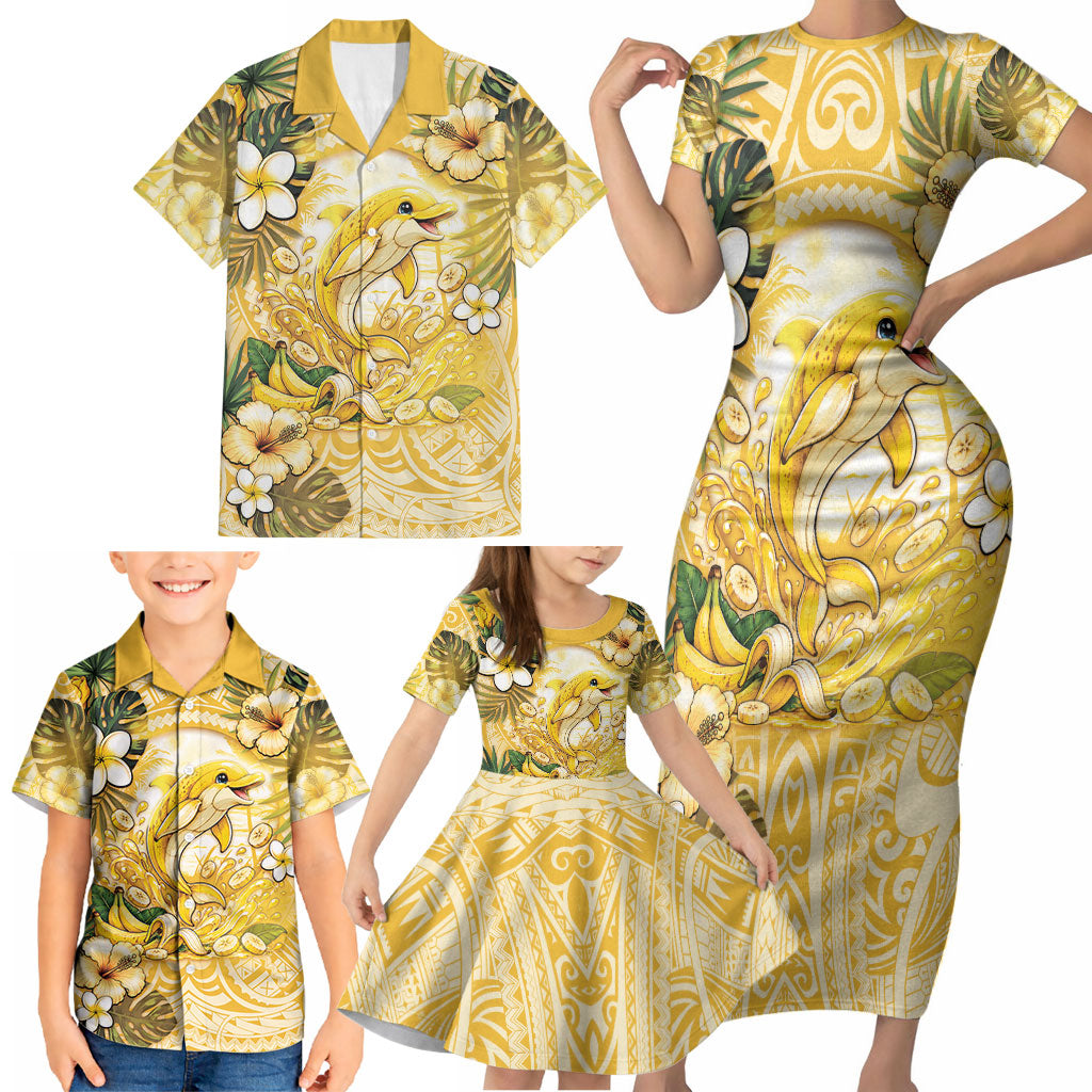 Hawaii Banana Dolphin Family Matching Short Sleeve Bodycon Dress and Hawaiian Shirt Cute Cosplay Naiʻa Fish Tribal Patterns