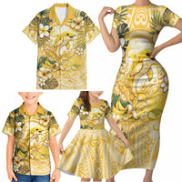 Hawaii Banana Dolphin Family Matching Short Sleeve Bodycon Dress and Hawaiian Shirt Cute Cosplay Naiʻa Fish Tribal Patterns